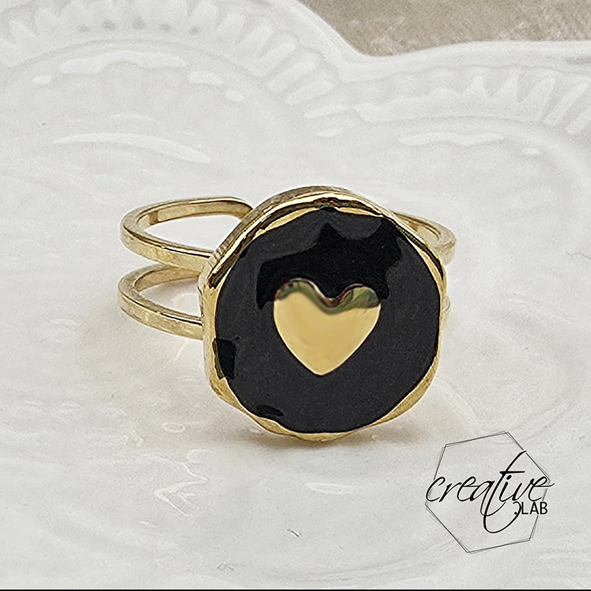 Anello in acciaio oro smaltato nero a Cuore
