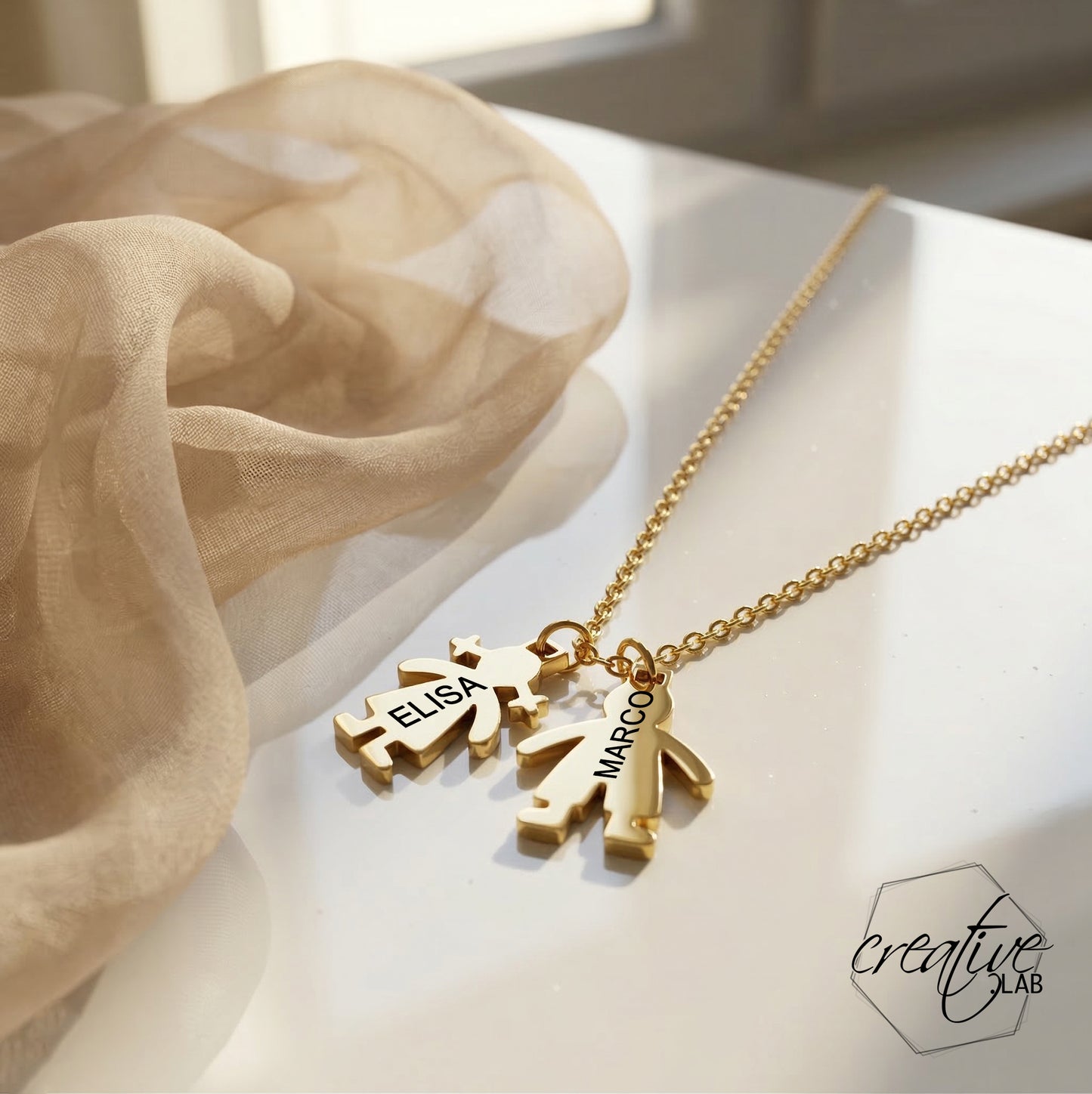 Ciondolo mamma con pendenti bimbi oro personalizzati su catenina (A9 e A10)