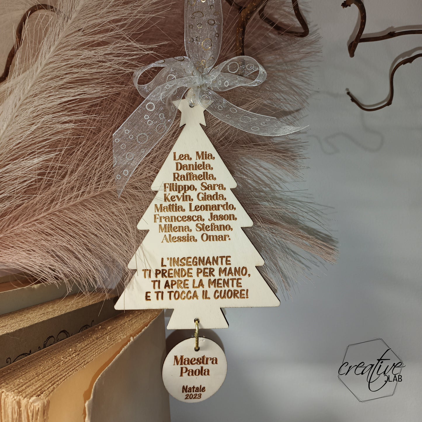 Decorazione Natalizia ad albero, personalizzabile, per maestra/collaboratori scolastici