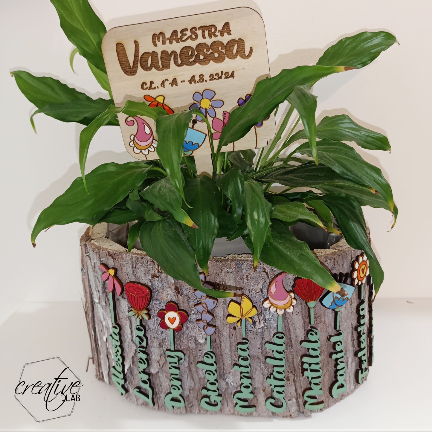 Portavaso corteccia personalizzabile con nomi e fiori + tag omaggio