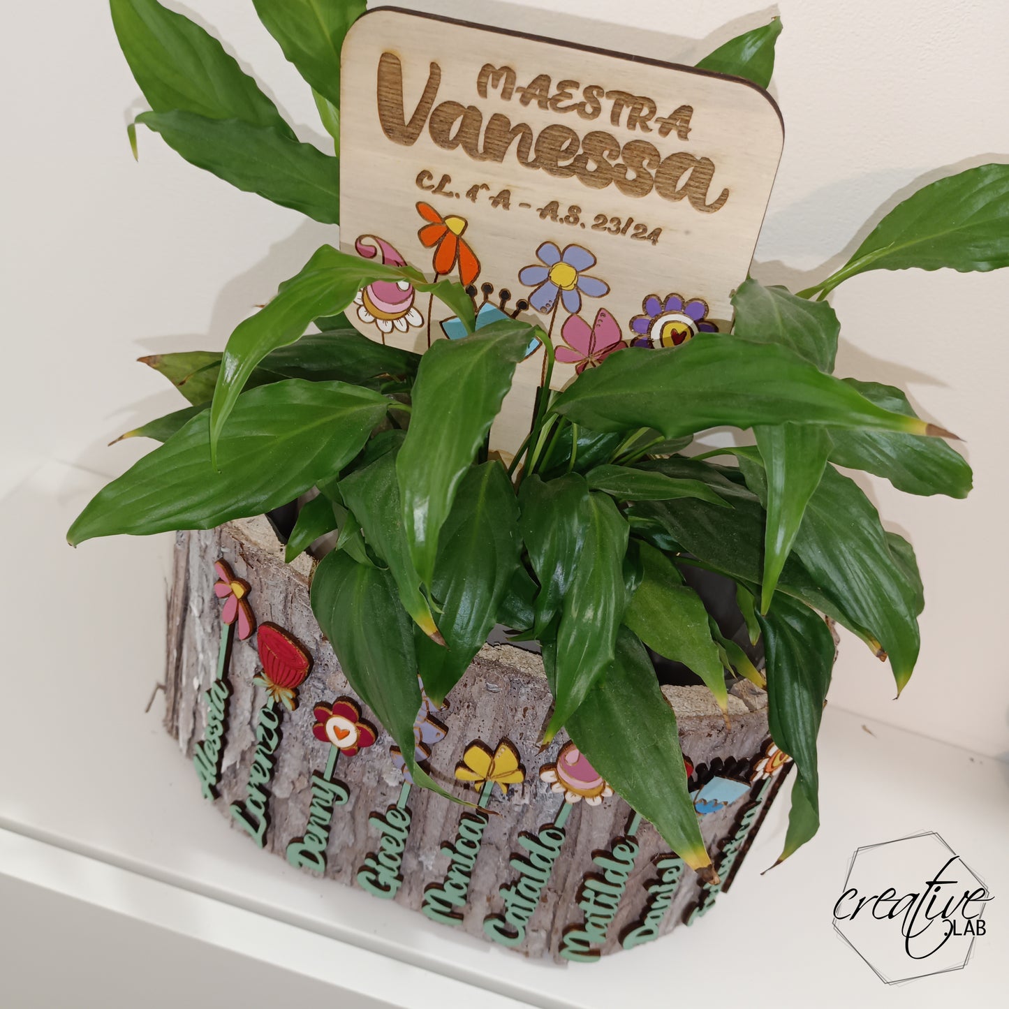 Portavaso corteccia personalizzabile con nomi e fiori + tag omaggio