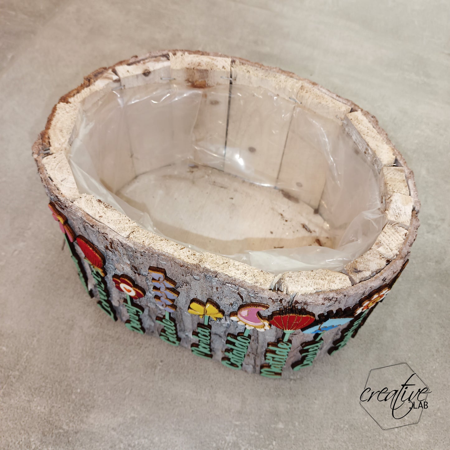 Portavaso corteccia personalizzabile con nomi e fiori + tag omaggio
