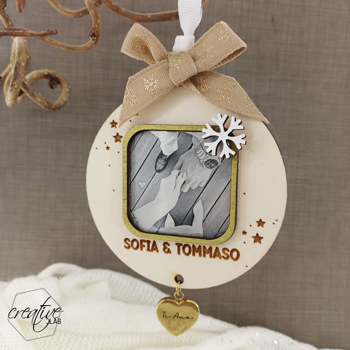 Decorazione Natalizia per coppia, con card foto e ciondolo in acciaio, personalizzabile (A11)