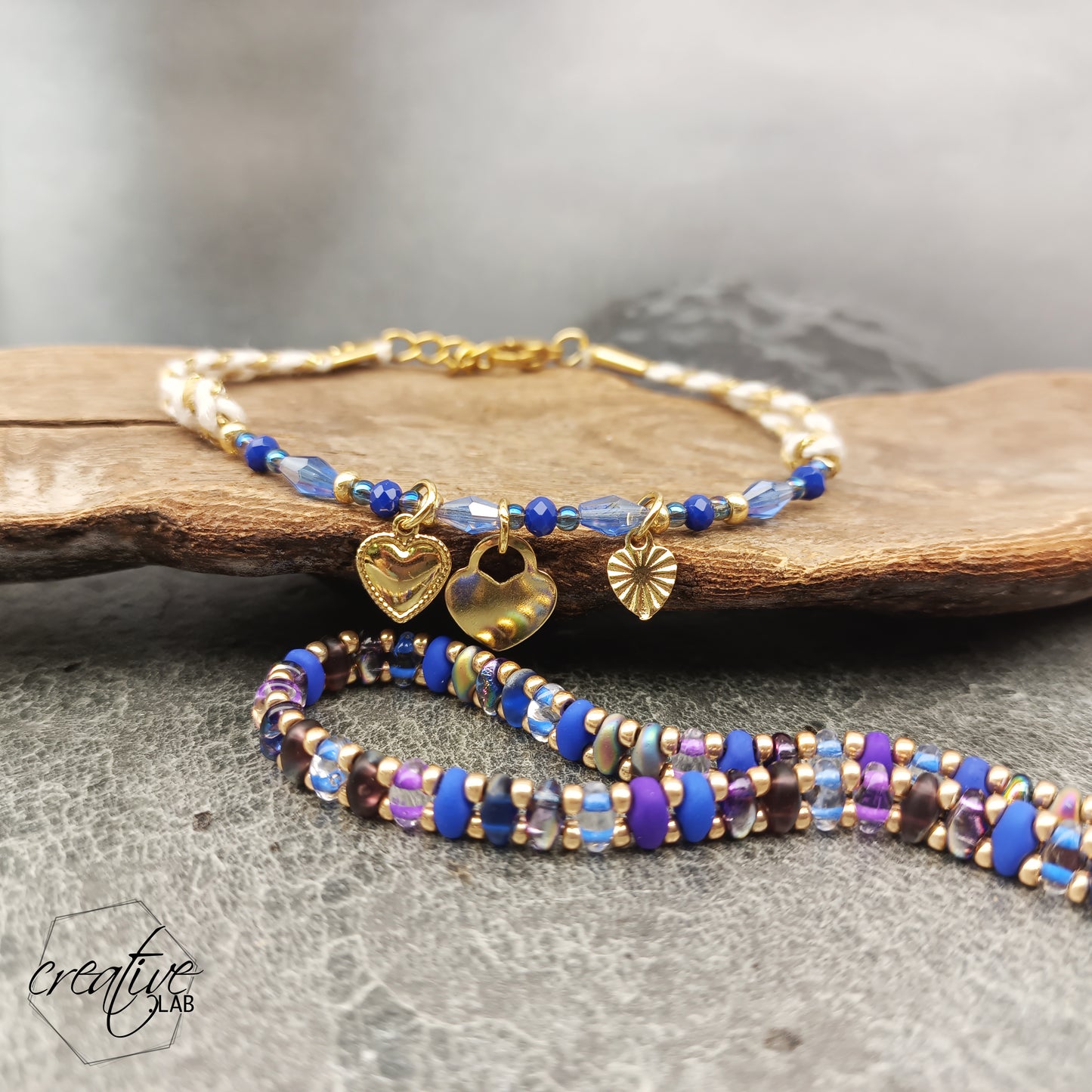 Set bracciali viola/blu e oro con ciondoli a cuore, personalizzabili