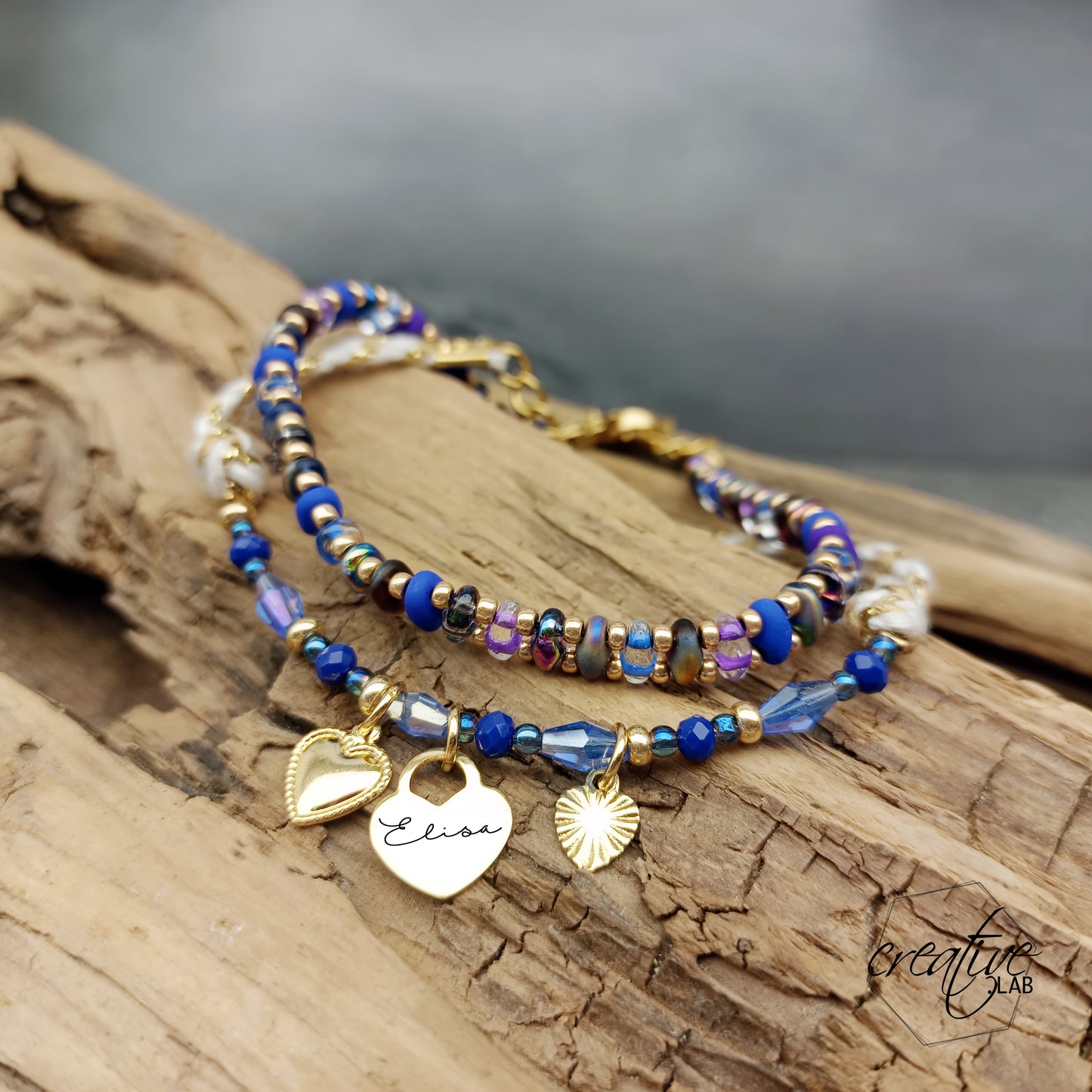 Set bracciali viola/blu e oro con ciondoli a cuore, personalizzabili