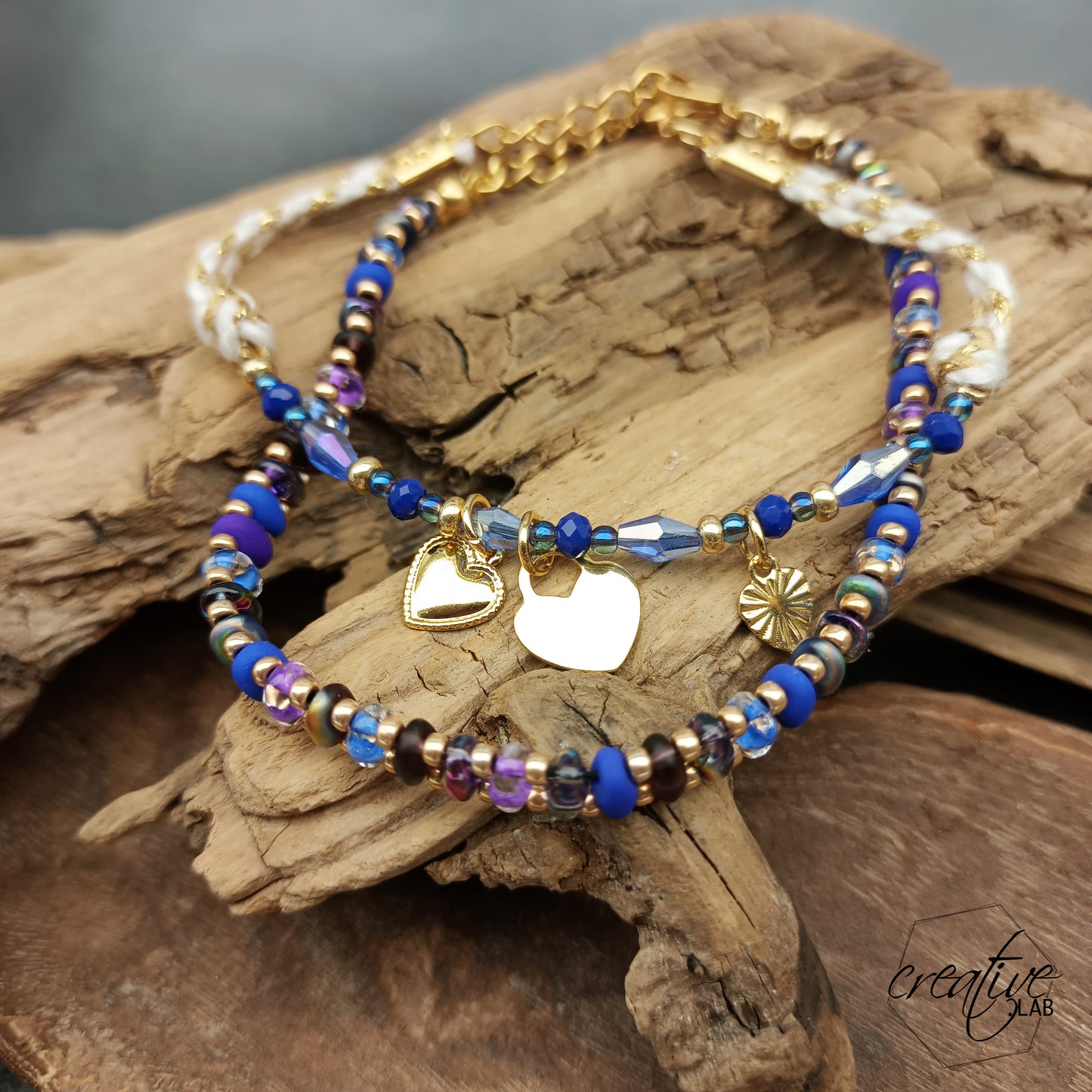Set bracciali viola/blu e oro con ciondoli a cuore, personalizzabili