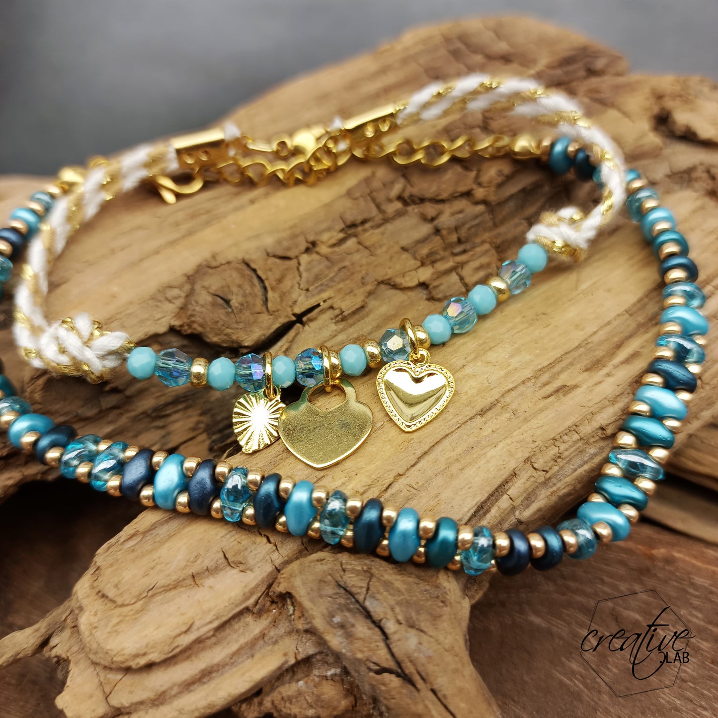 Set bracciali celeste e oro con ciondoli a cuore personalizzabile