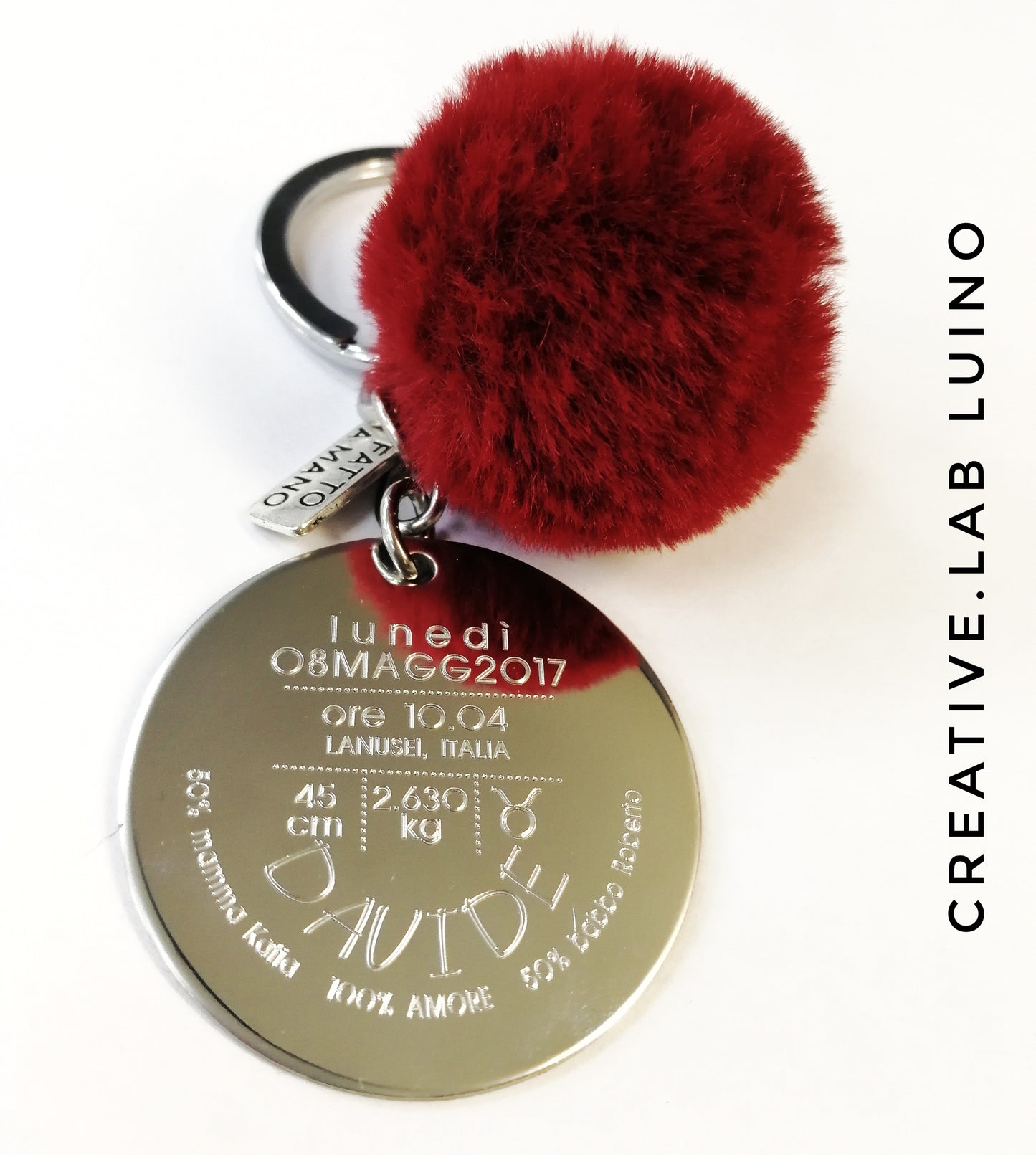 Portachiavi personalizzabile certificato di nascita e pom pon (C1+pom pon)