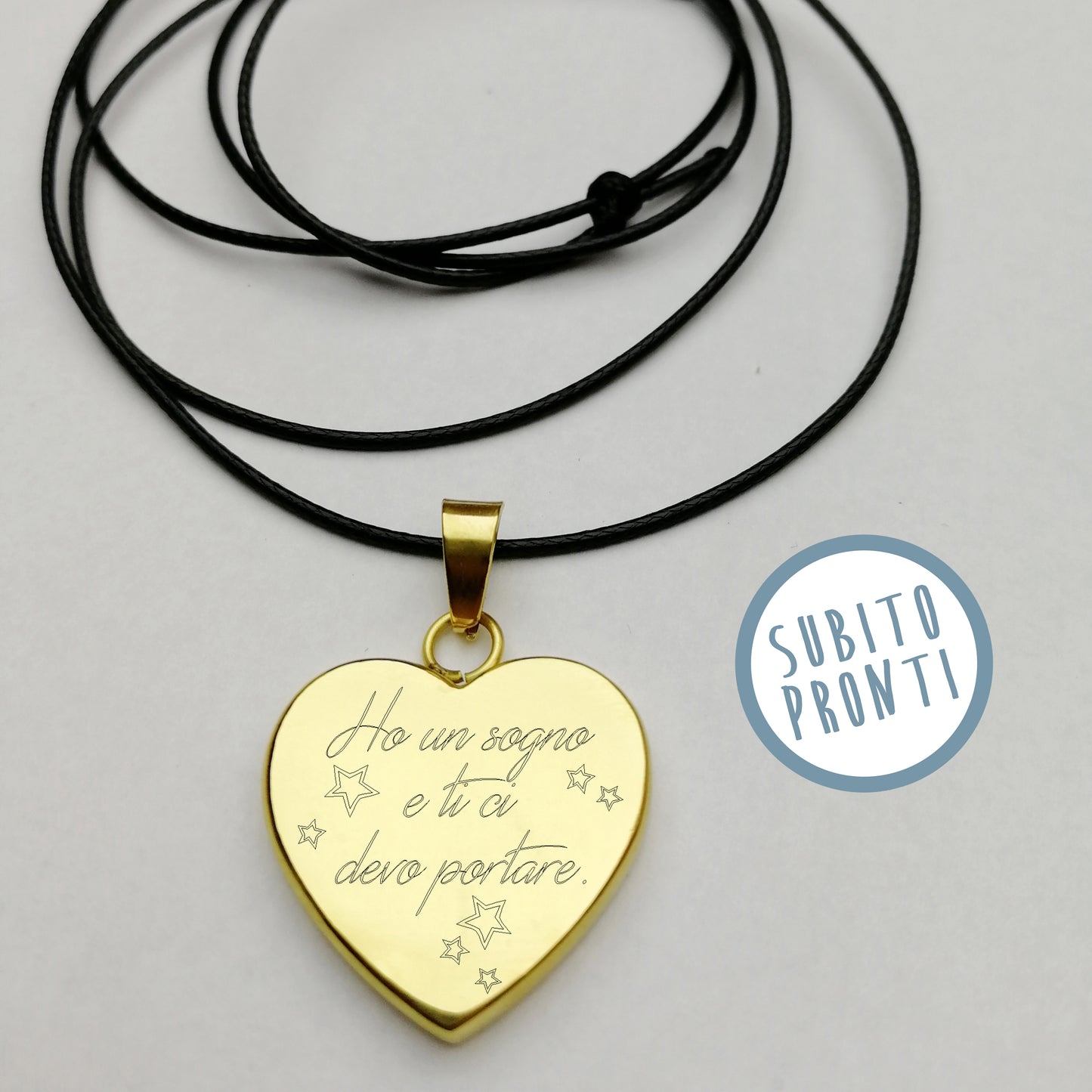 Ciondolo a cuore oro "HO UN SOGNO E TI CI DEVO PORTARE" con cordino di cotone cerato (cot cer+A11)