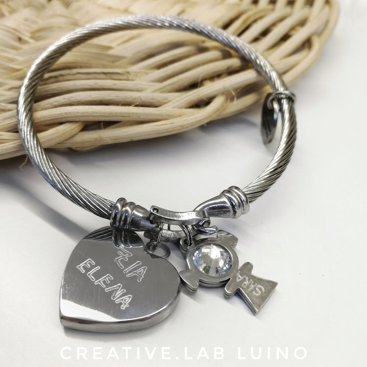 Bracciale e ciondolo personalizzabile a cuore e bambino/a con scritte a mano (G21+A11+B20A/B20B)