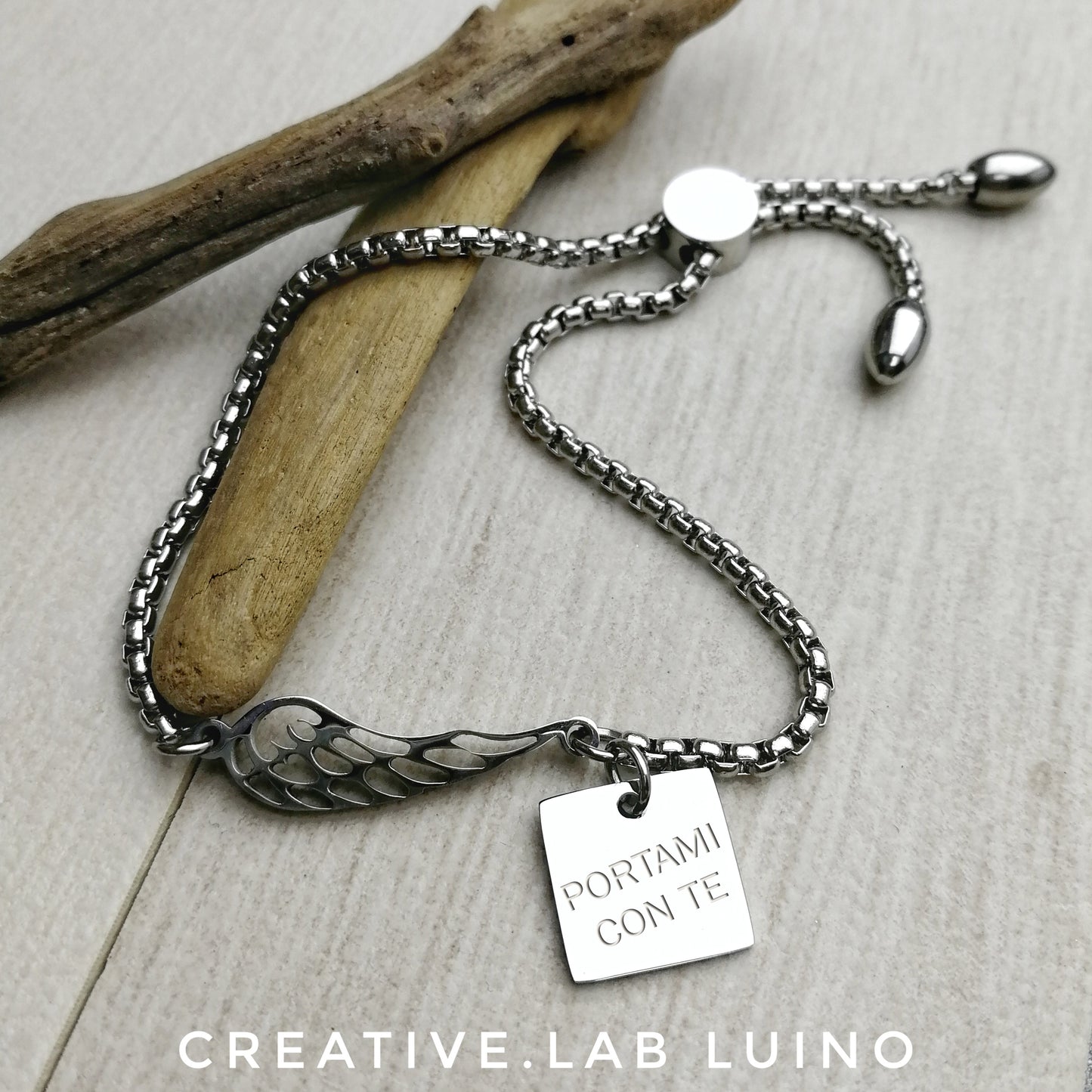 Bracciale catena con ala di angelo con ciondolo quadrato personalizzabile (G34+B8B)