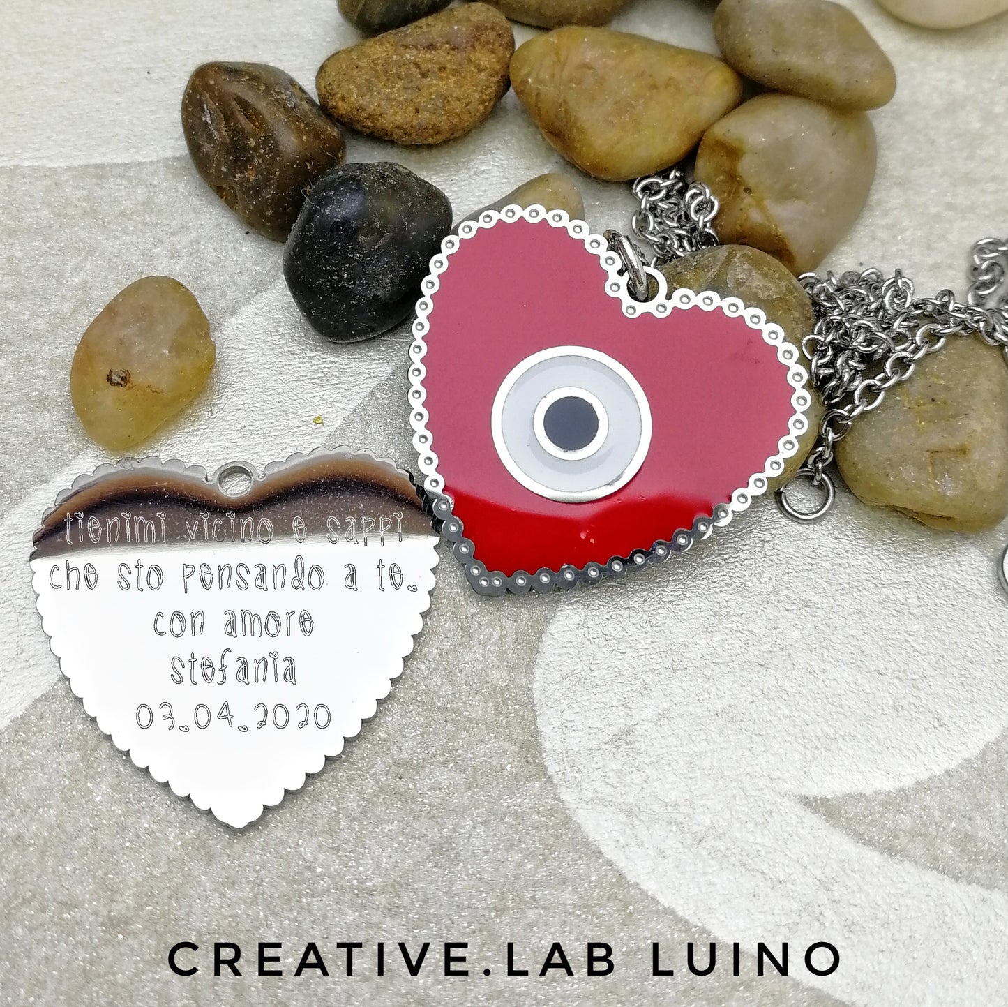 Collananina con ciondolo cuore Evil Eye personalizzabile (B7C+D2)