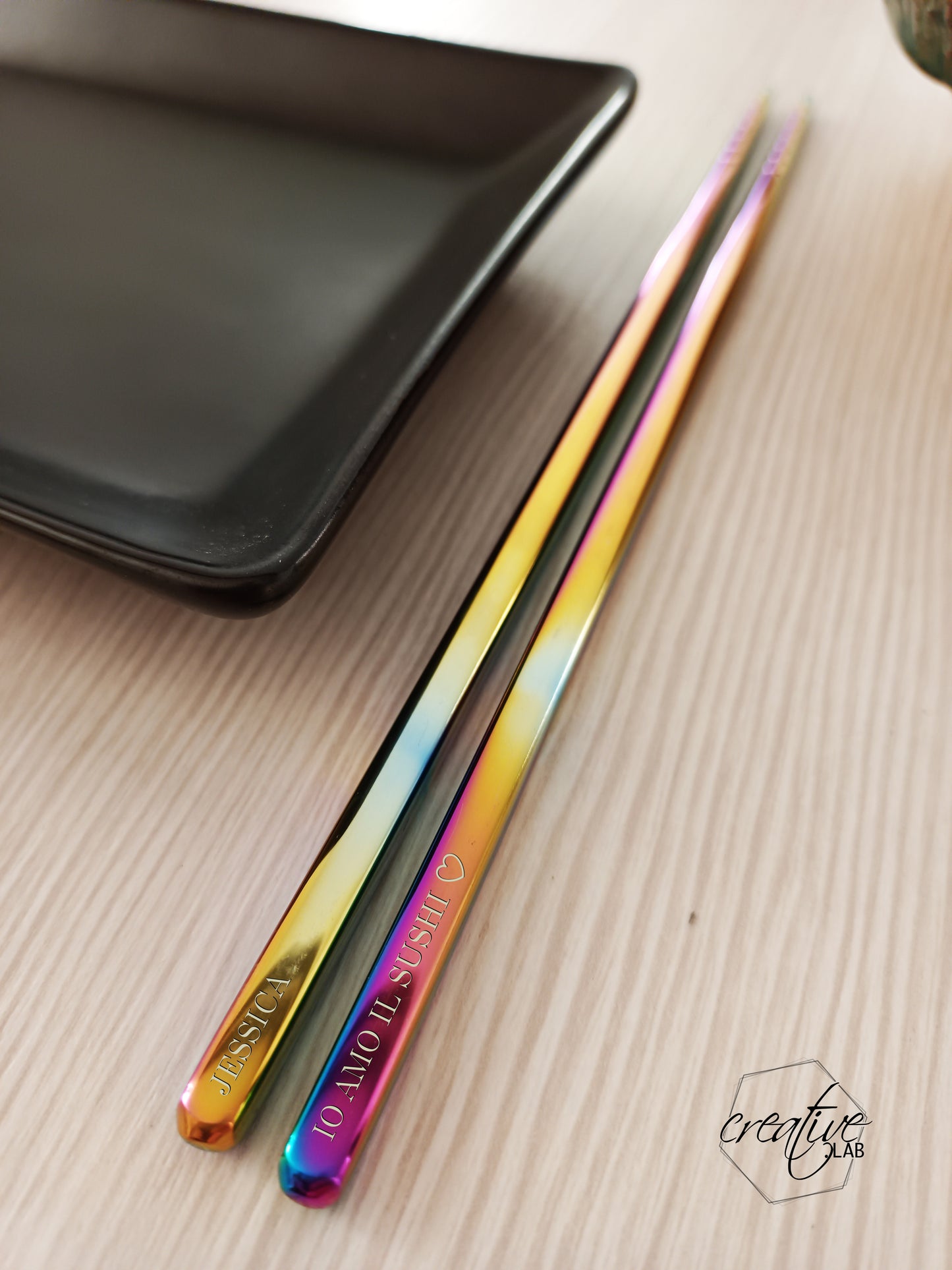 Bacchette asiatiche in acciaio arcobaleno, personalizzabili
