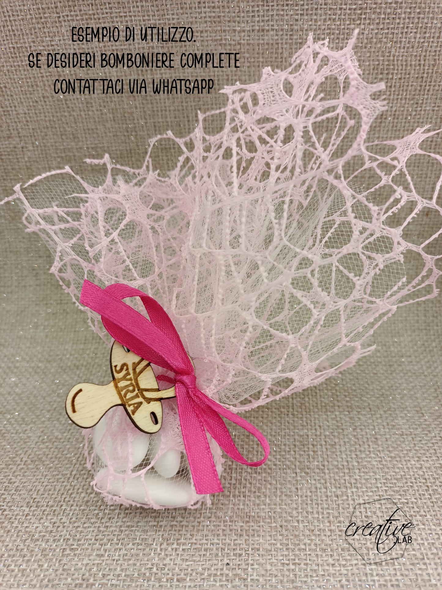 Set di 5 tags/calamita per Battesimo, in legno, personalizzabile - ciuccio