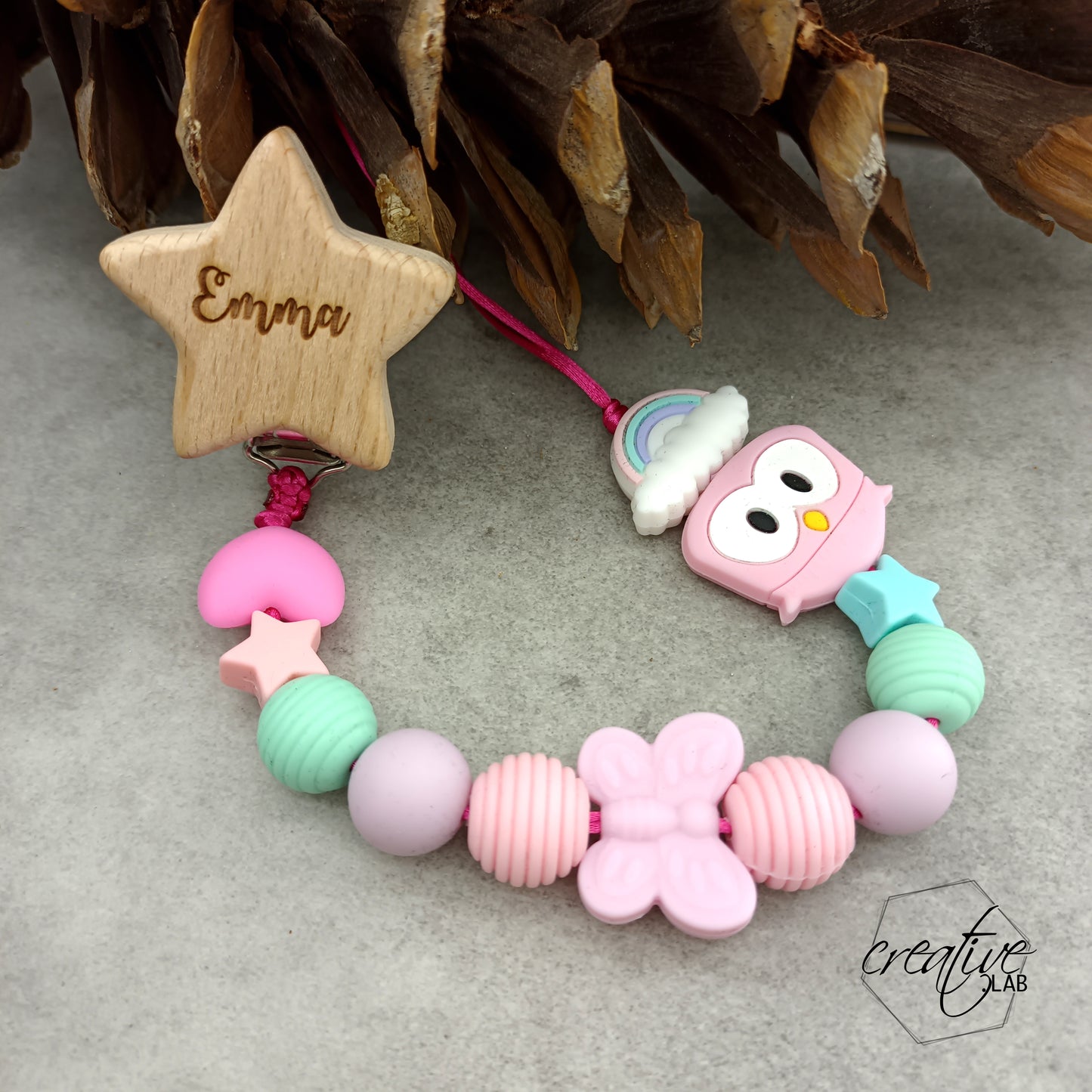 Porta ciuccio personalizzabile con clip di legno a stella