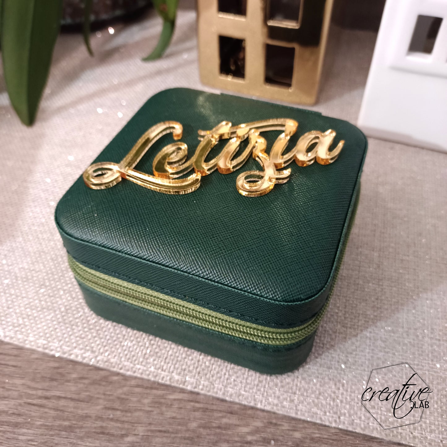 Porta gioie verde, quadrato, personalizzabile