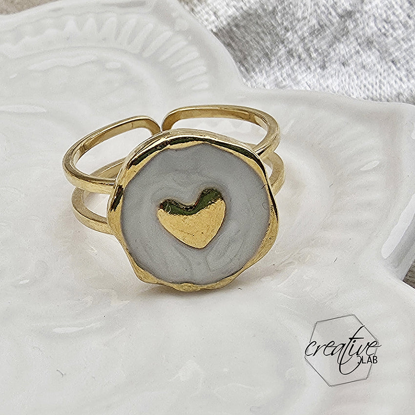 Anello in acciaio oro smaltato bianco a Cuore