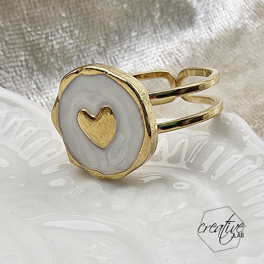 Anello in acciaio oro smaltato bianco a Cuore
