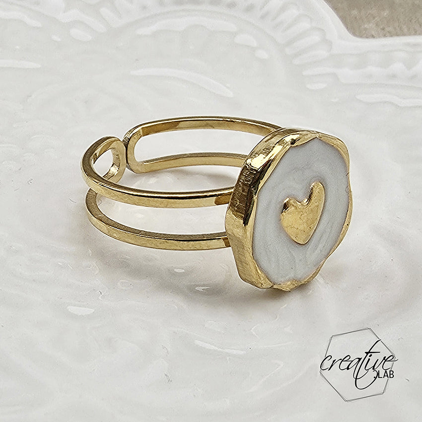 Anello in acciaio oro smaltato bianco a Cuore