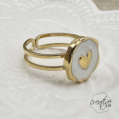 Anello in acciaio oro smaltato bianco a Cuore