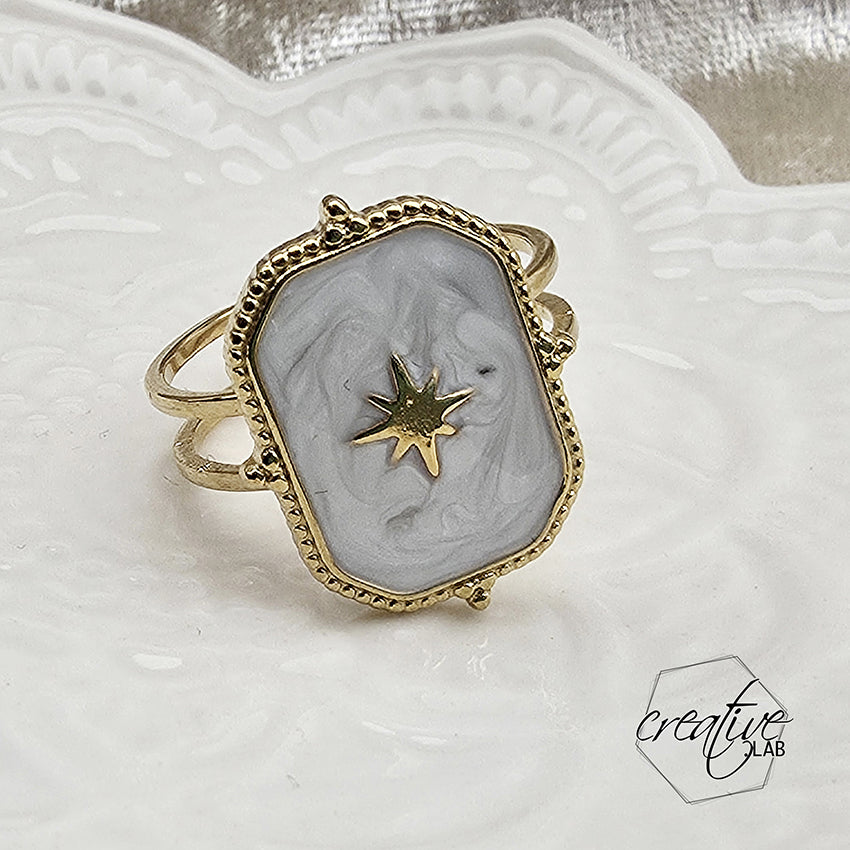 Anello in acciaio oro smaltato bianco Sole