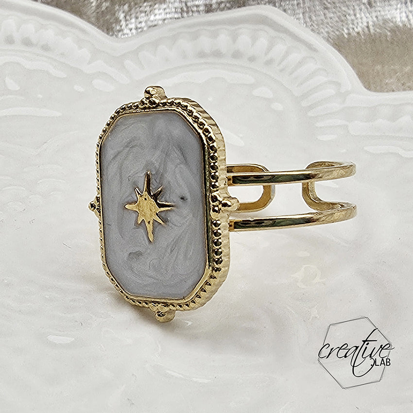 Anello in acciaio oro smaltato bianco Sole