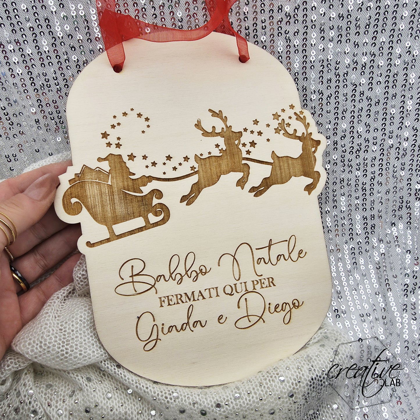 Decorazione Natalizia Babbo Natale fermati qui, personalizzabile