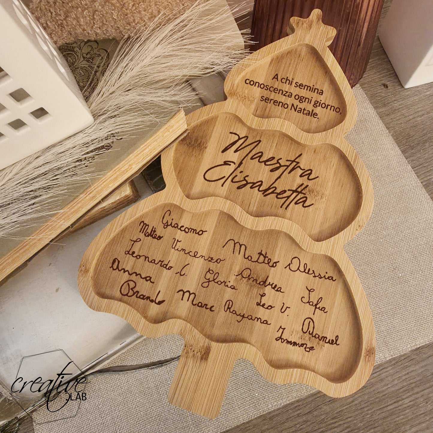 Tagliere/porta antipasti in bamboo ad albero, personalizzabile per insegnanti/catechisti