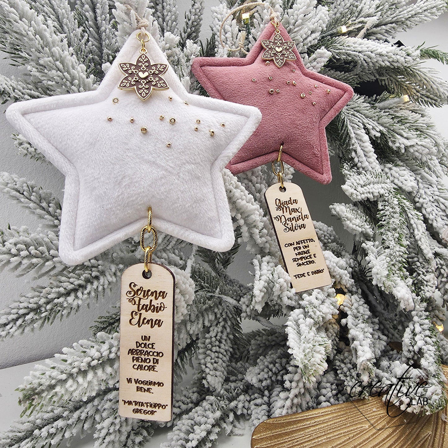 Decorazione natalizia stella in peluche con pendente personalizzabile