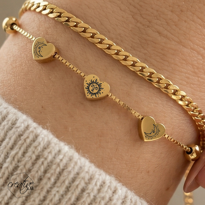 Bracciale in acciaio oro tre cuori, personalizzabile