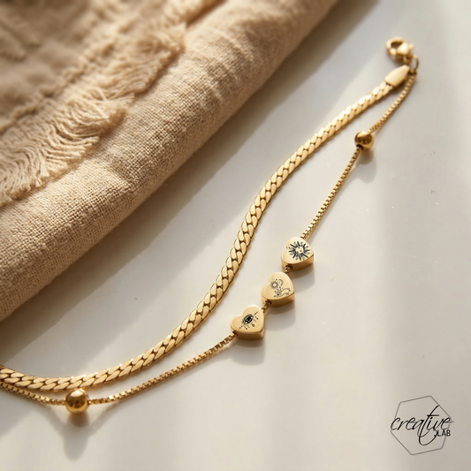 Bracciale in acciaio oro tre cuori, personalizzabile