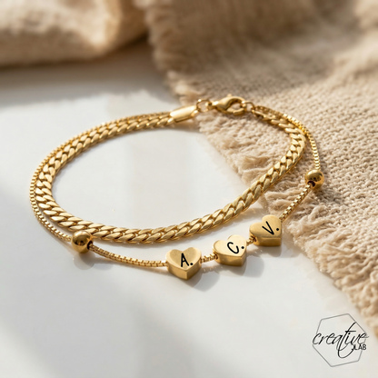 Bracciale in acciaio oro tre cuori, personalizzabile
