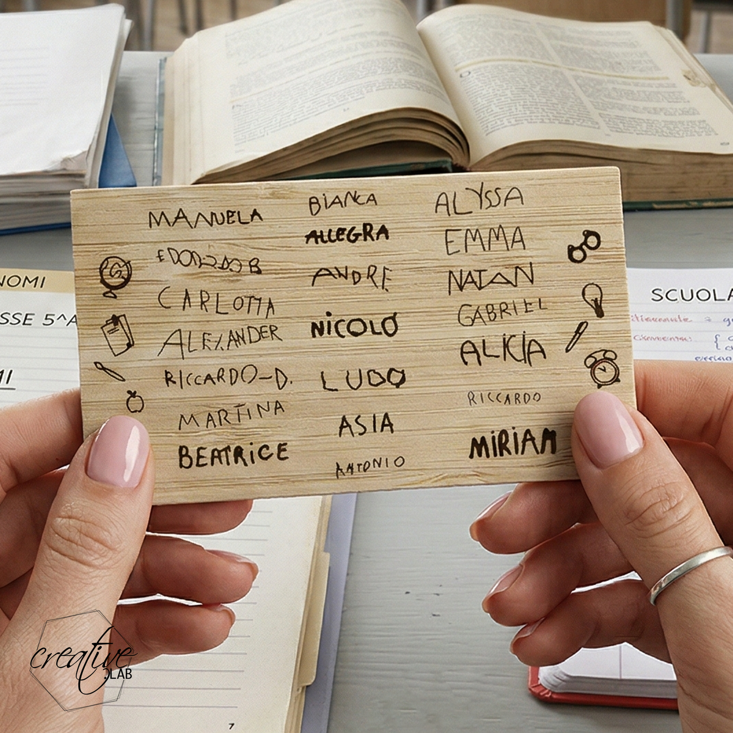 Card in bamboo personalizzabile con firme originali dei bambini