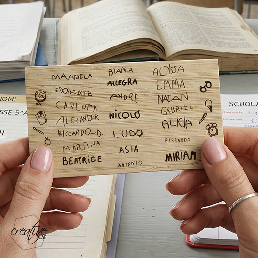 Card in bamboo personalizzabile con firme originali dei bambini