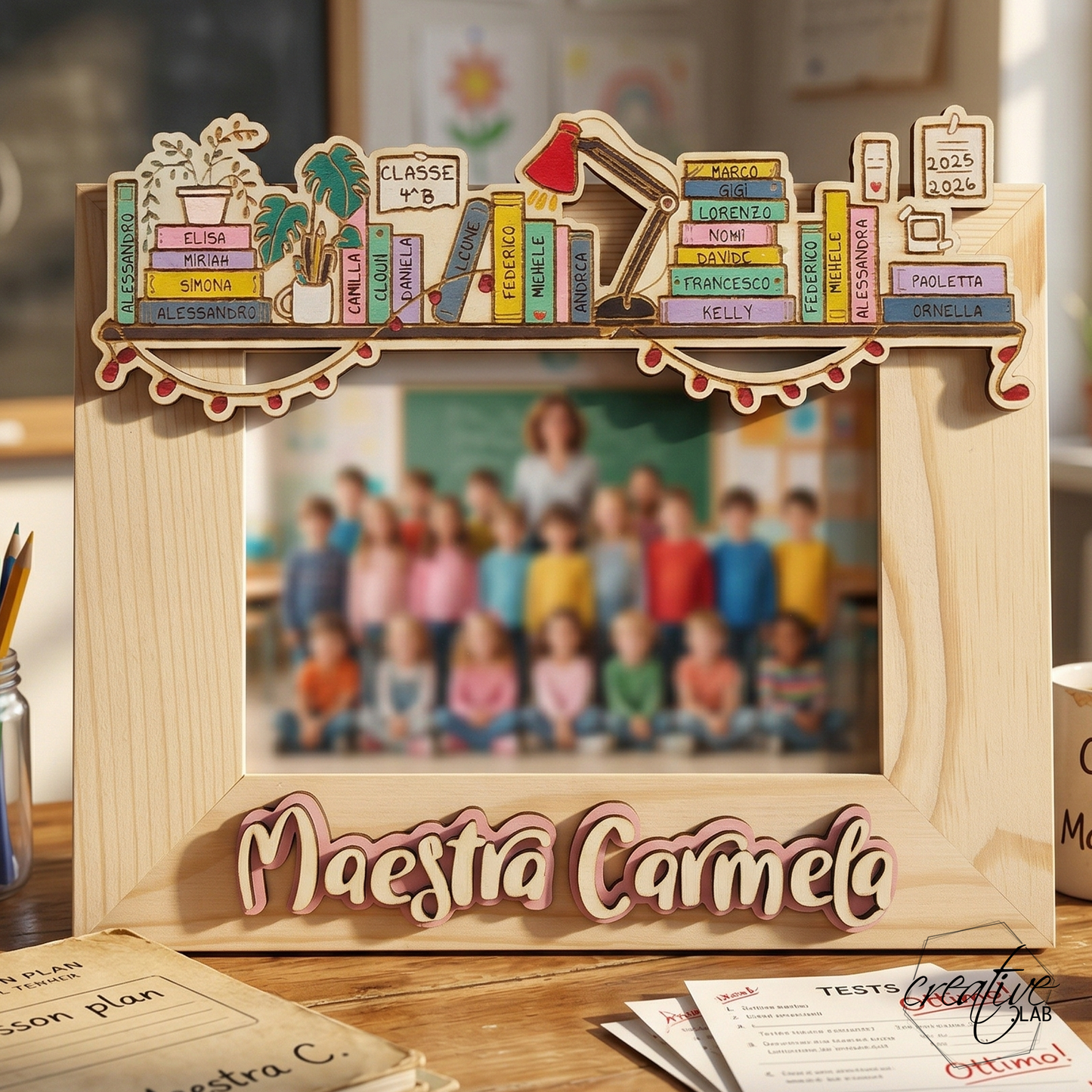 Cornice per insegnante con i nomi degli alunni sui libri, personalizzabile