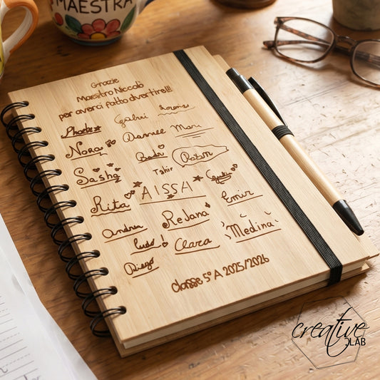 Notes e penna di bamboo, personalizzabile per maestri - con firme originali