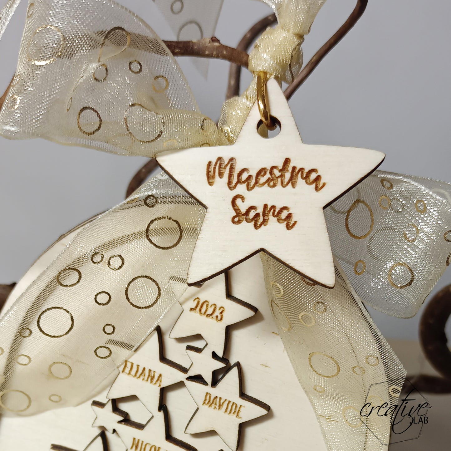 Decorazione Natalizia ad albero di stelle, personalizzabile, per maestra/collaboratori scolastici