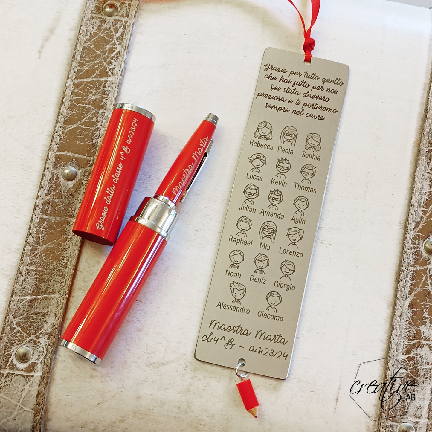 Elegante penna con custodia + segnalibro in acciaio, personalizzabili