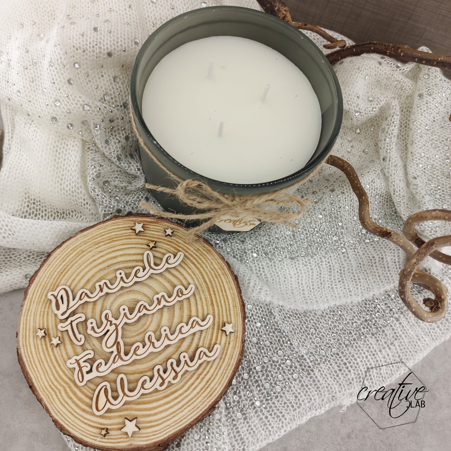 Candela Natalizia con tappo a fetta di legno, personalizzabile