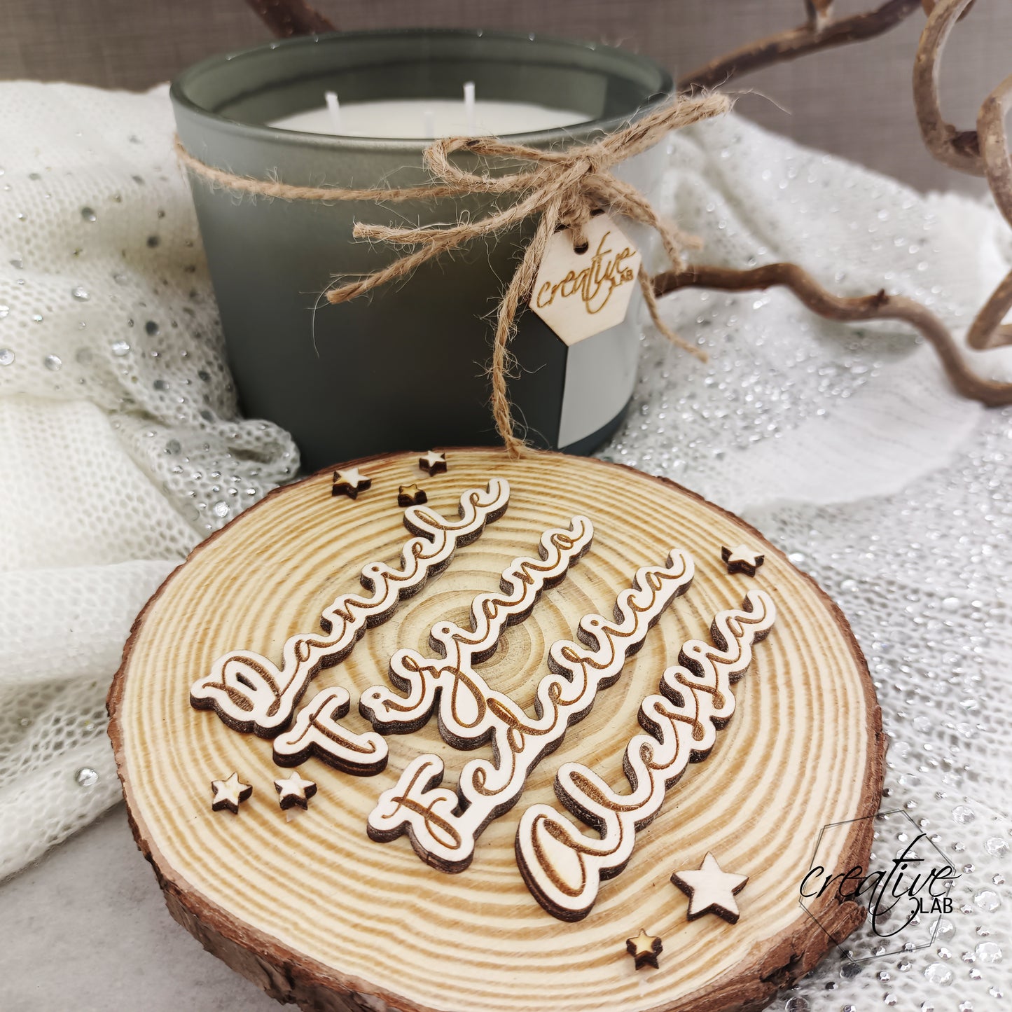 Candela Natalizia con tappo a fetta di legno, personalizzabile