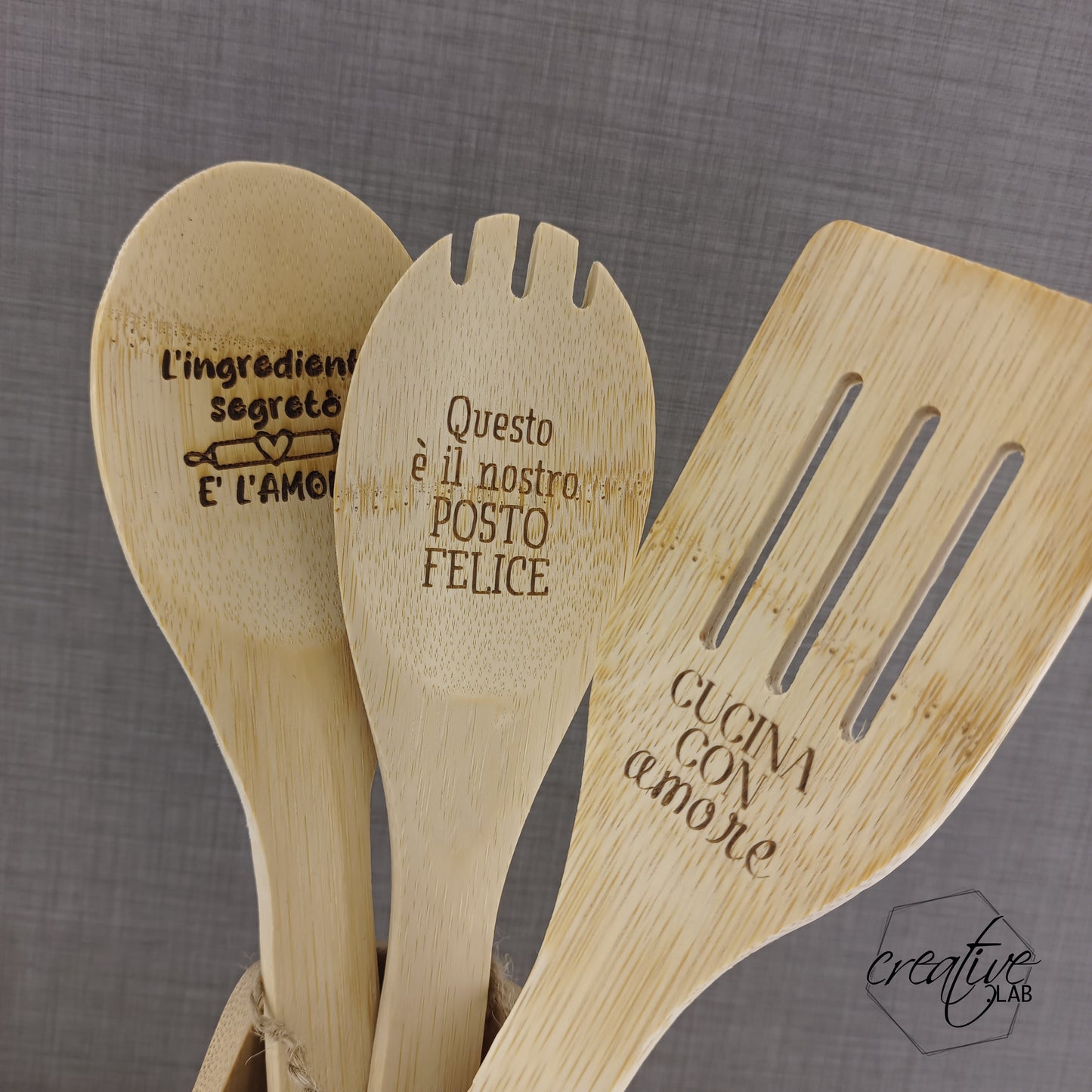 Set mestoli da cucina in legno, personalizzabili