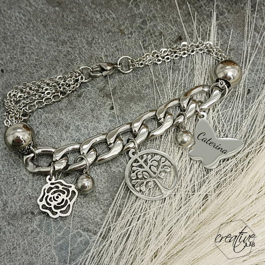 Bracciale con farfalla personalizzabile, albero della vita e fiore