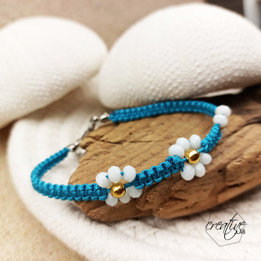 Bracciale macramè con fiori - petrolio e bianco
