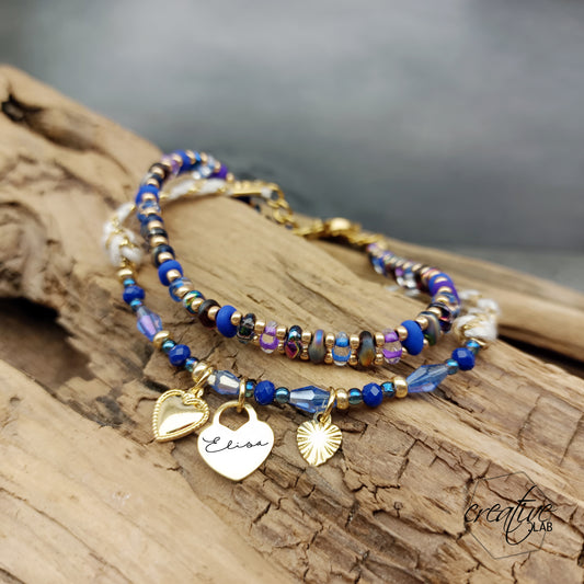 Set bracciali viola/blu e oro con ciondoli a cuore, personalizzabili