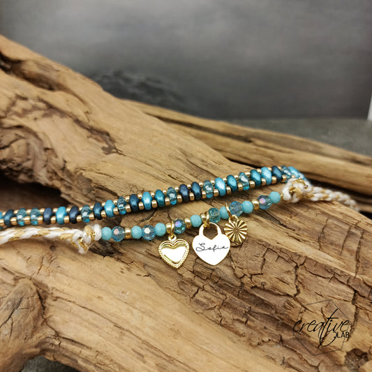 Set bracciali celeste e oro con ciondoli a cuore personalizzabile