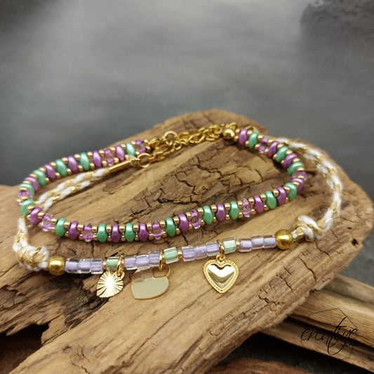 Set bracciali lilla/tiffany e oro con ciondolo a cuore personalizzabile