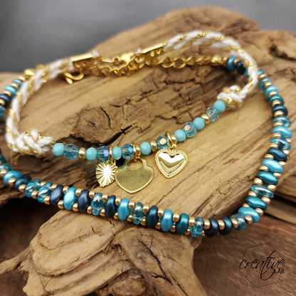 Set bracciali celeste e oro con ciondoli a cuore personalizzabile