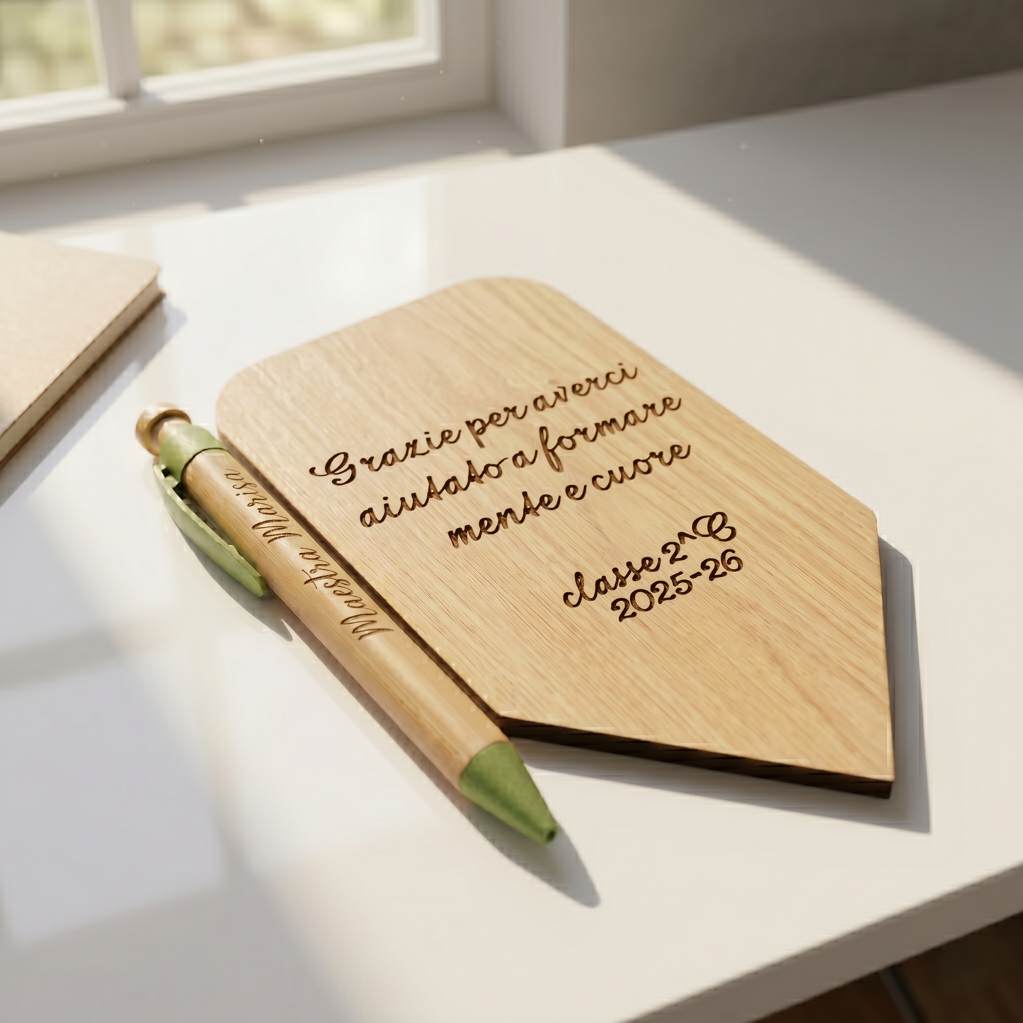 Porta post it a forma di matita + penna di bamboo per maestra, personalizzabili