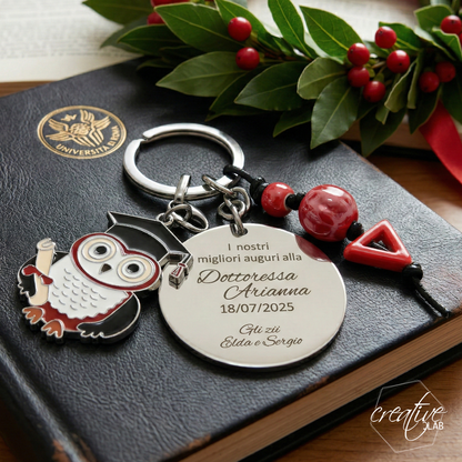 Portachiavi per laurea con gufo e perle di ceramica