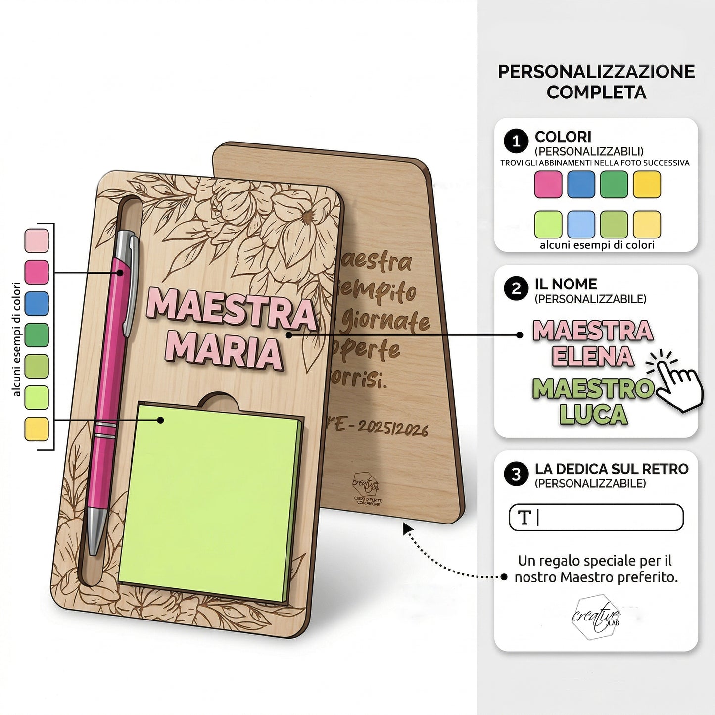 Porta post it + penna abbinata per insegnanti/catechisti, personalizzabili